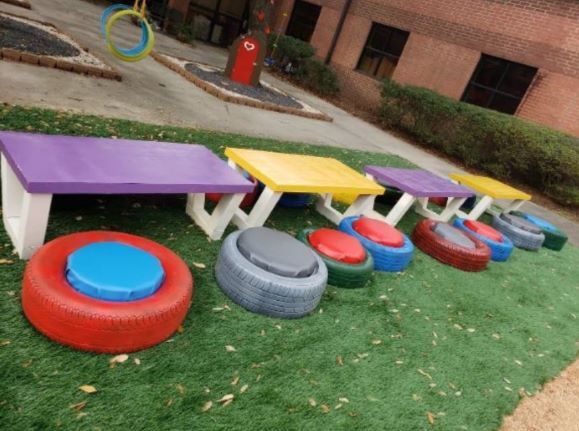 colorful tires and tables