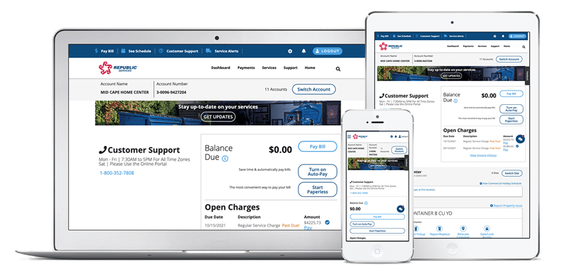 Device screens displaying Republic Services' website