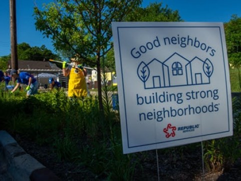 Sign reads good-neighbors-building-strong-neighborhoods