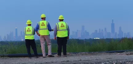 Workers gazing at city skyscape wearing high viz vests and helmets